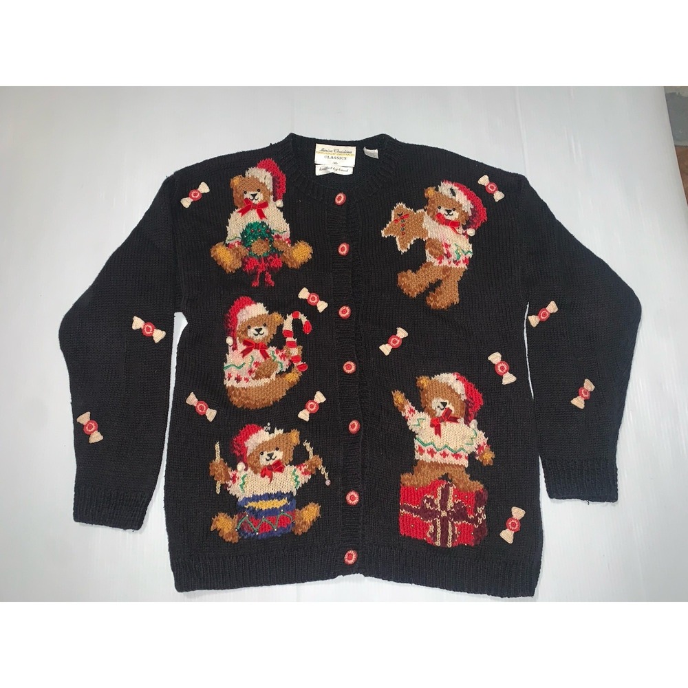Marisa Christina Teddy Bear Christmas Cardigan Bows Candy Holiday Sweater Sz M